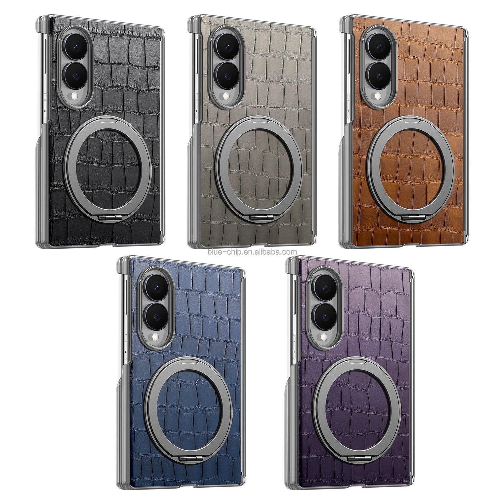 Heavy-duty magnetic PU leather phone case with double hinges and full protection for Samsung Z Fold 8, with metal ring stand