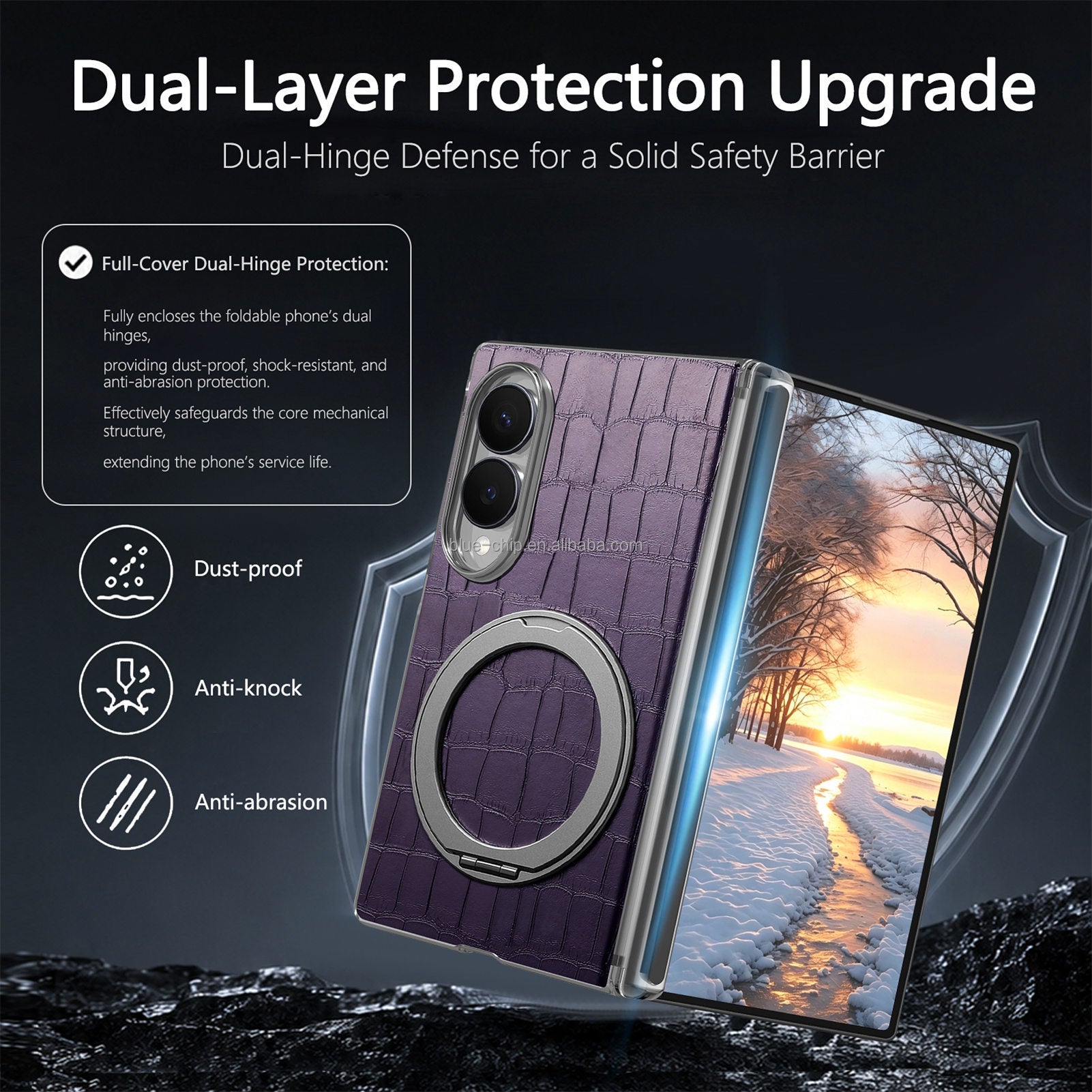 Heavy-duty magnetic PU leather phone case with double hinges and full protection for Samsung Z Fold 8, with metal ring stand