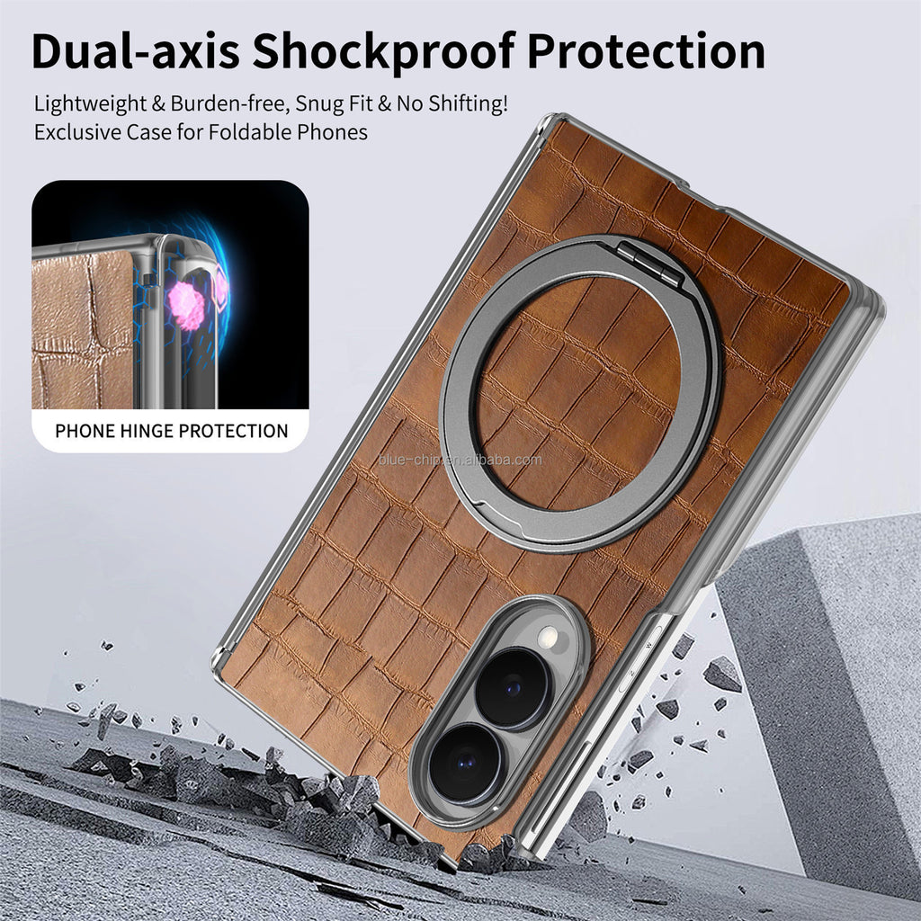 Heavy-duty magnetic PU leather phone case with double hinges and full protection for Samsung Z Fold 8, with metal ring stand