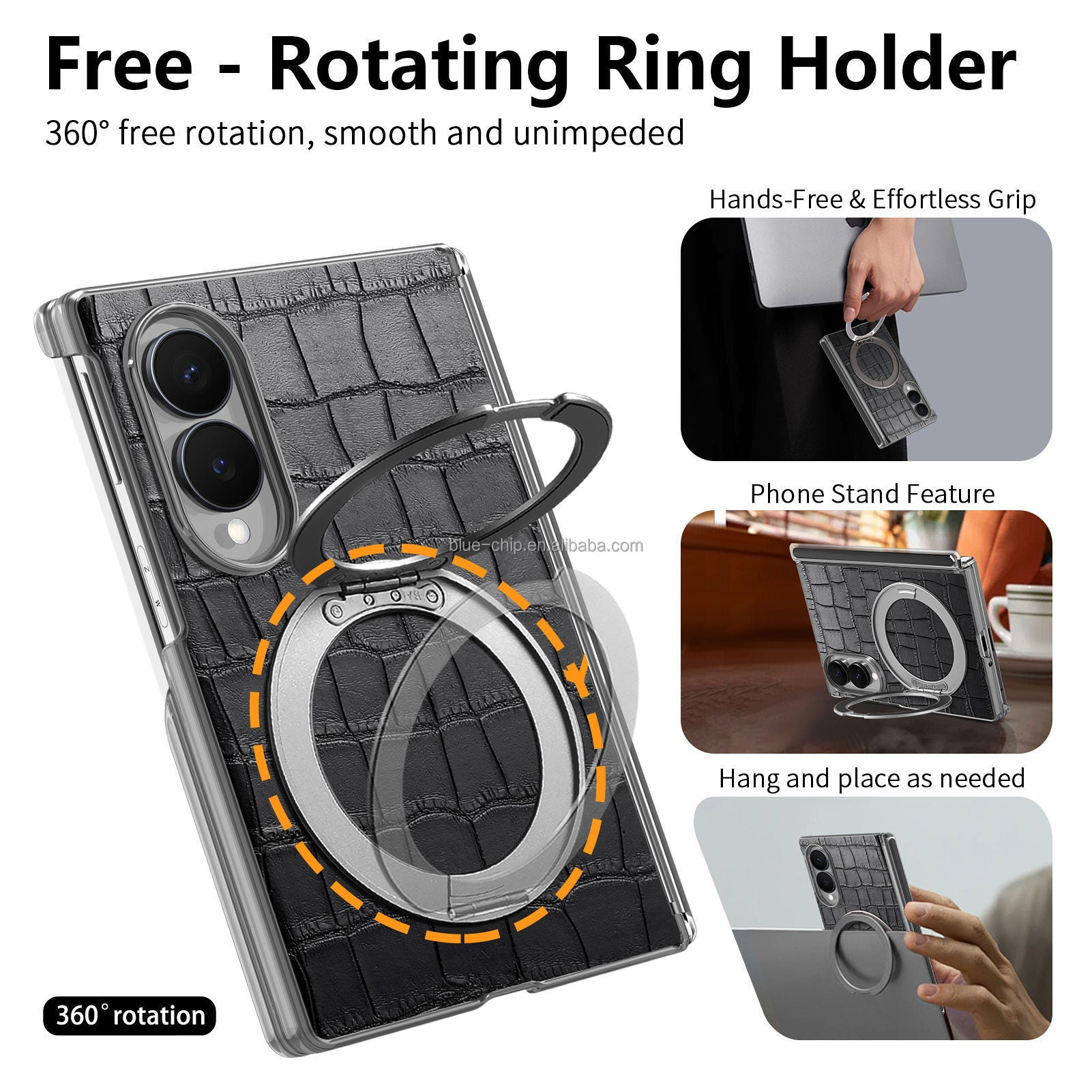 Heavy-duty magnetic PU leather phone case with double hinges and full protection for Samsung Z Fold 8, with metal ring stand