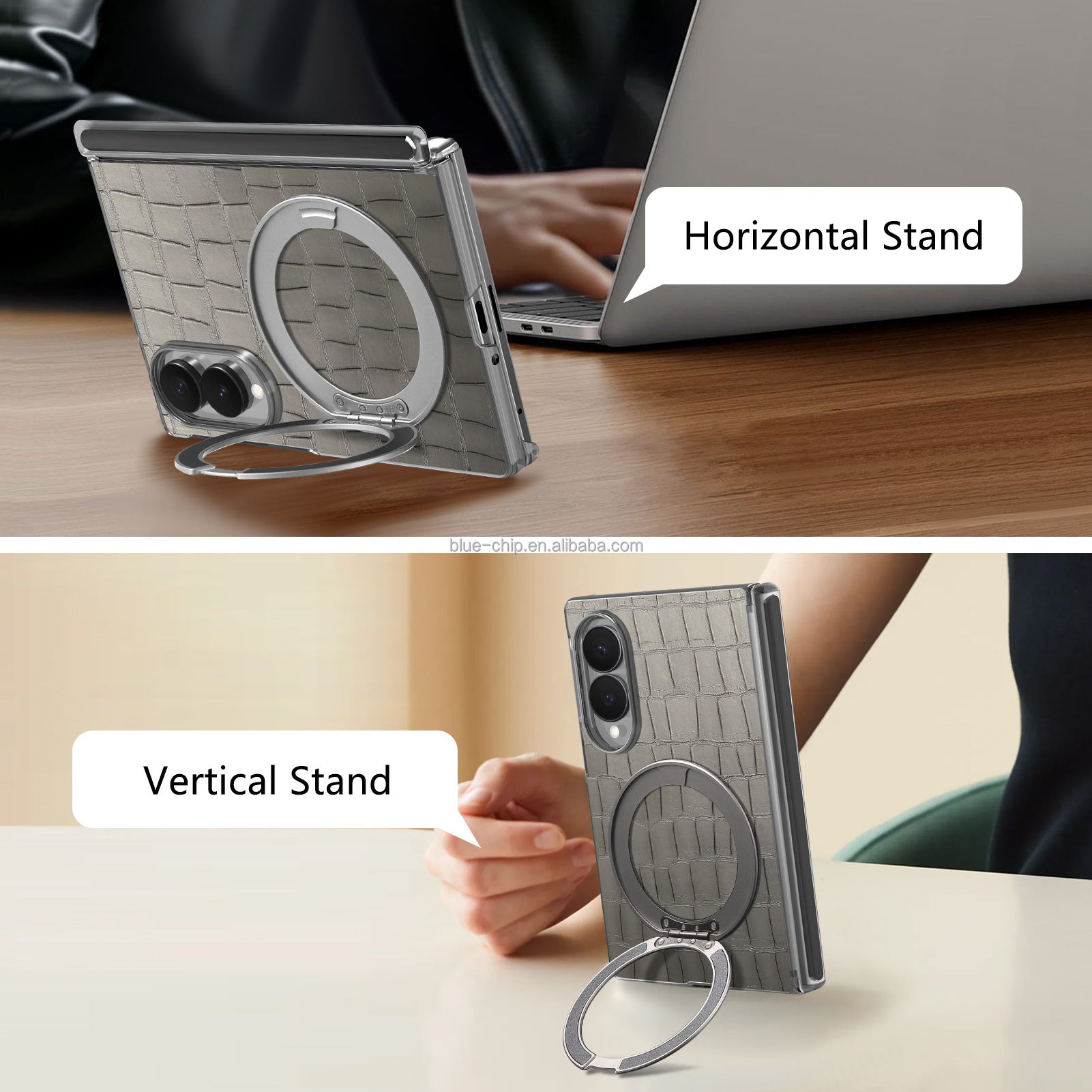 Heavy-duty magnetic PU leather phone case with double hinges and full protection for Samsung Z Fold 8, with metal ring stand