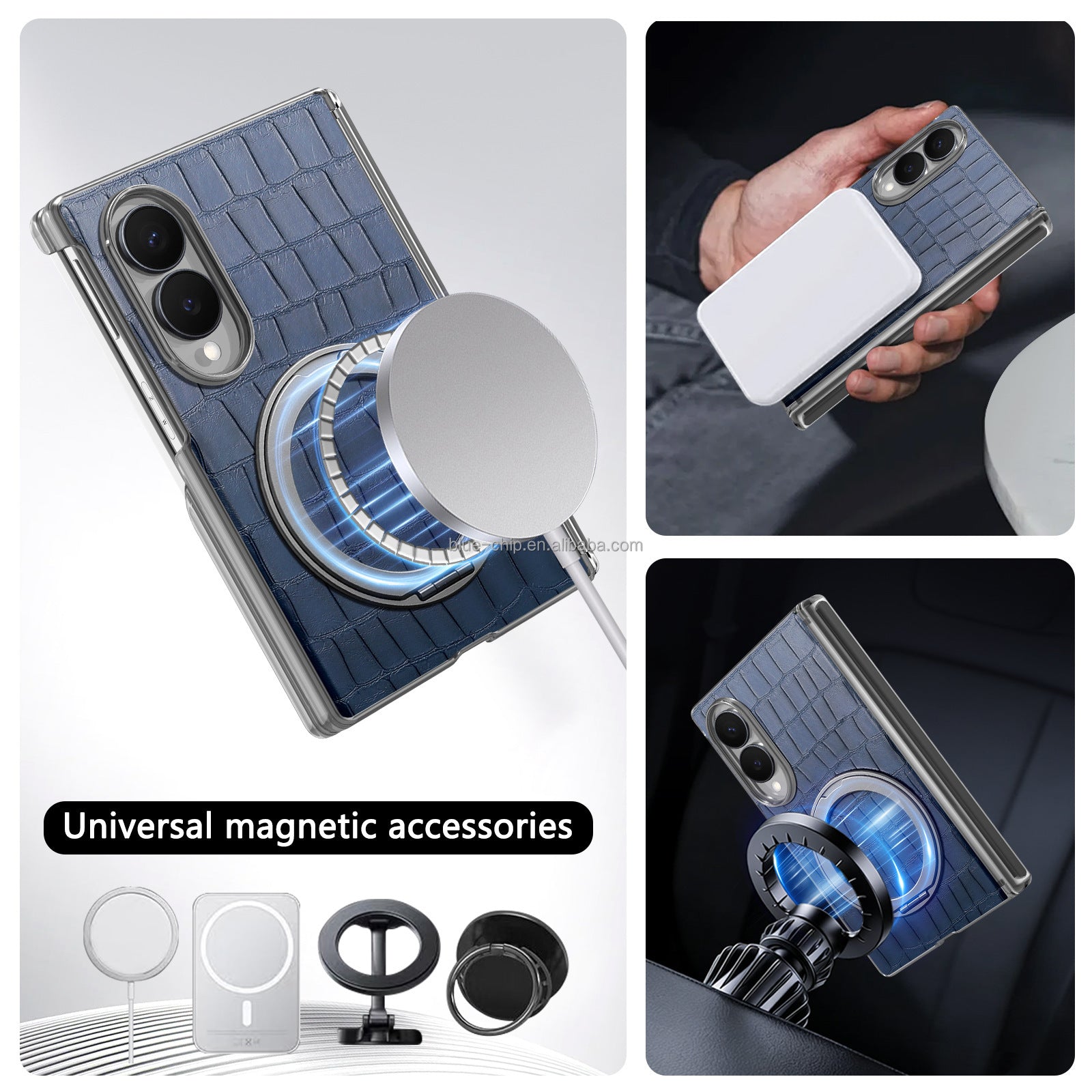 Heavy-duty magnetic PU leather phone case with double hinges and full protection for Samsung Z Fold 8, with metal ring stand